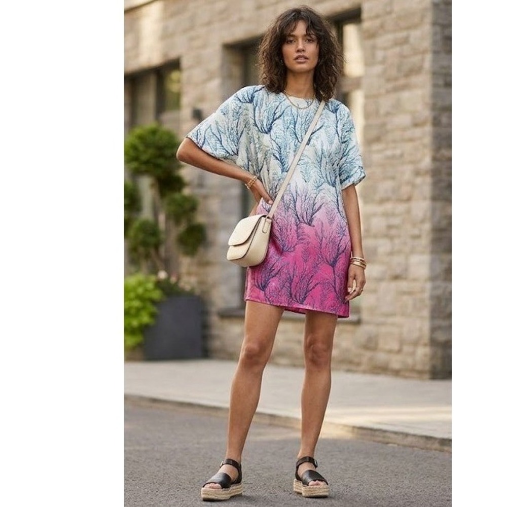 French Connection Sea Fern Mini Dress M Pink Ombre Silk Short Sleeve Mermaidcore